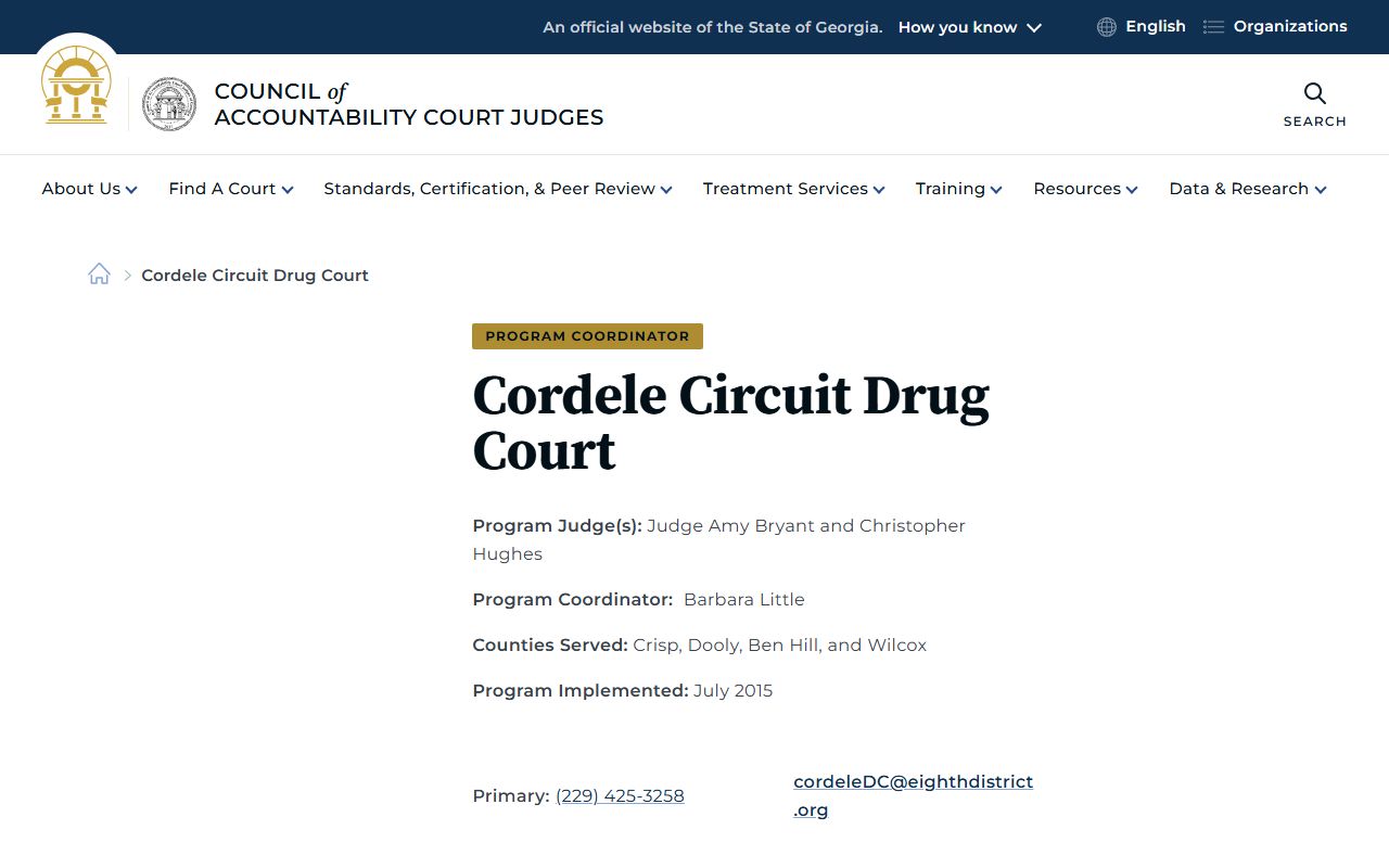 Cordele Circuit Drug Court contact page serving Wilcox County