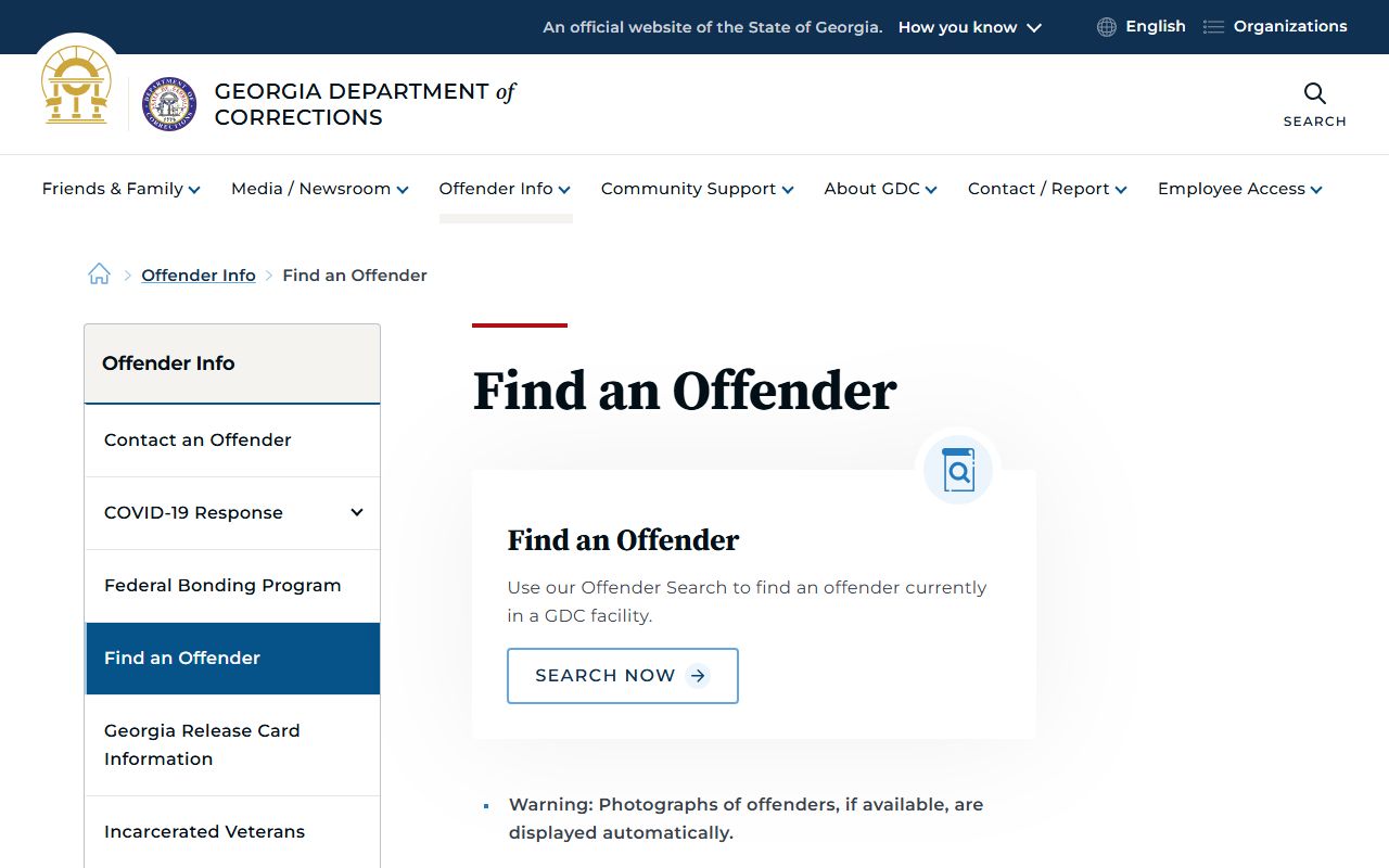 Georgia Department of Corrections find offender guidance page