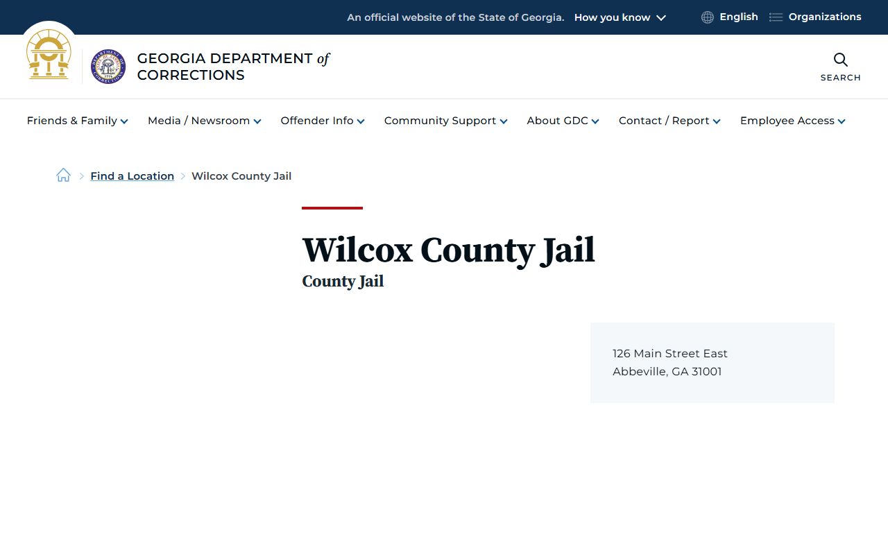 Georgia Department of Corrections Wilcox County Jail location page