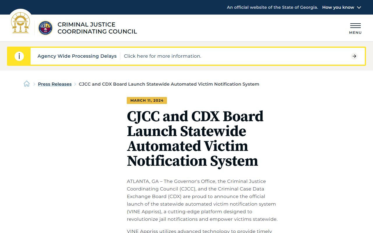 Georgia statewide VINE custody notification launch notice